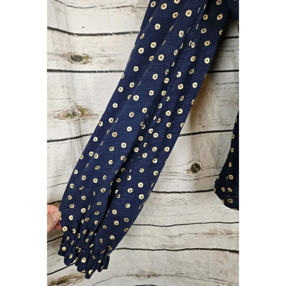 Boden Blue Gold Metallic Floral Knit Top US10 UK14 Button Puff Sleeves